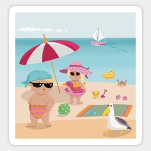 Vacation mood on - two cute kids having a sunny happy day on the beach, no text Sticker